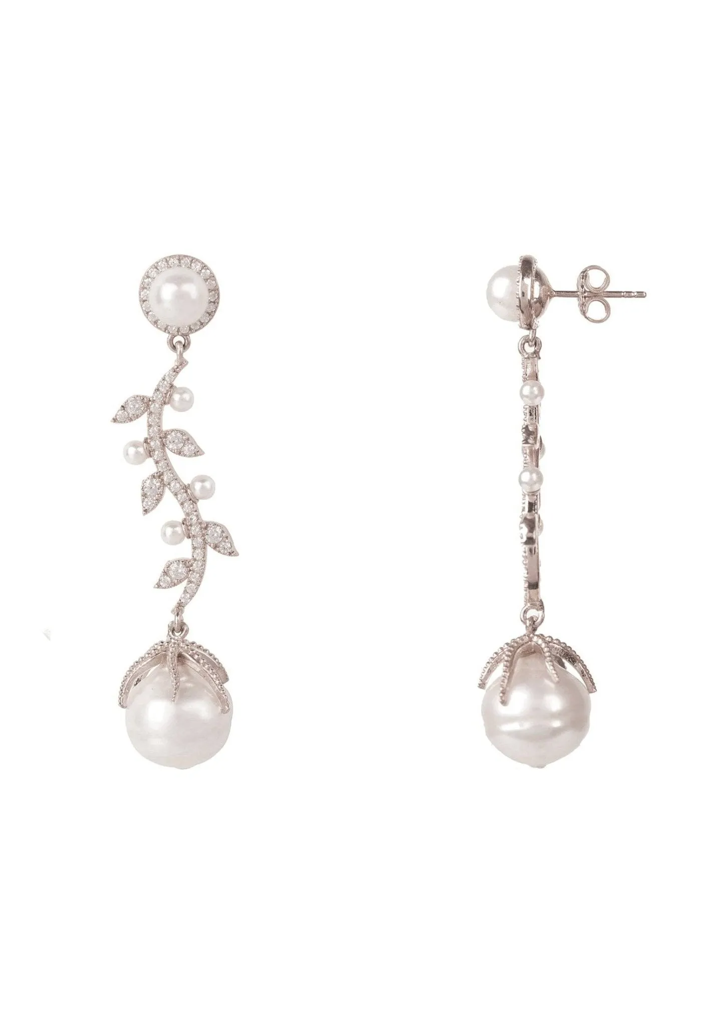 Baroque Pearl Trailing Flowers Earrings Silver