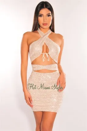 Champagne Sequins Halter CrissCross Cut Out Ruched Dress