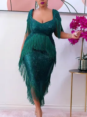 DressBetty - Green Tassel Sexy Irregular Length Sequins Retro Evening Cocktail Party Outfits