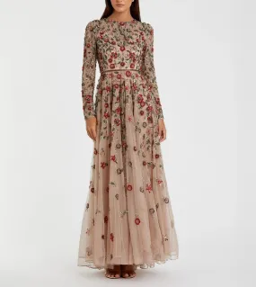 Floral Appliqué Long Sleeve Illusion Gown