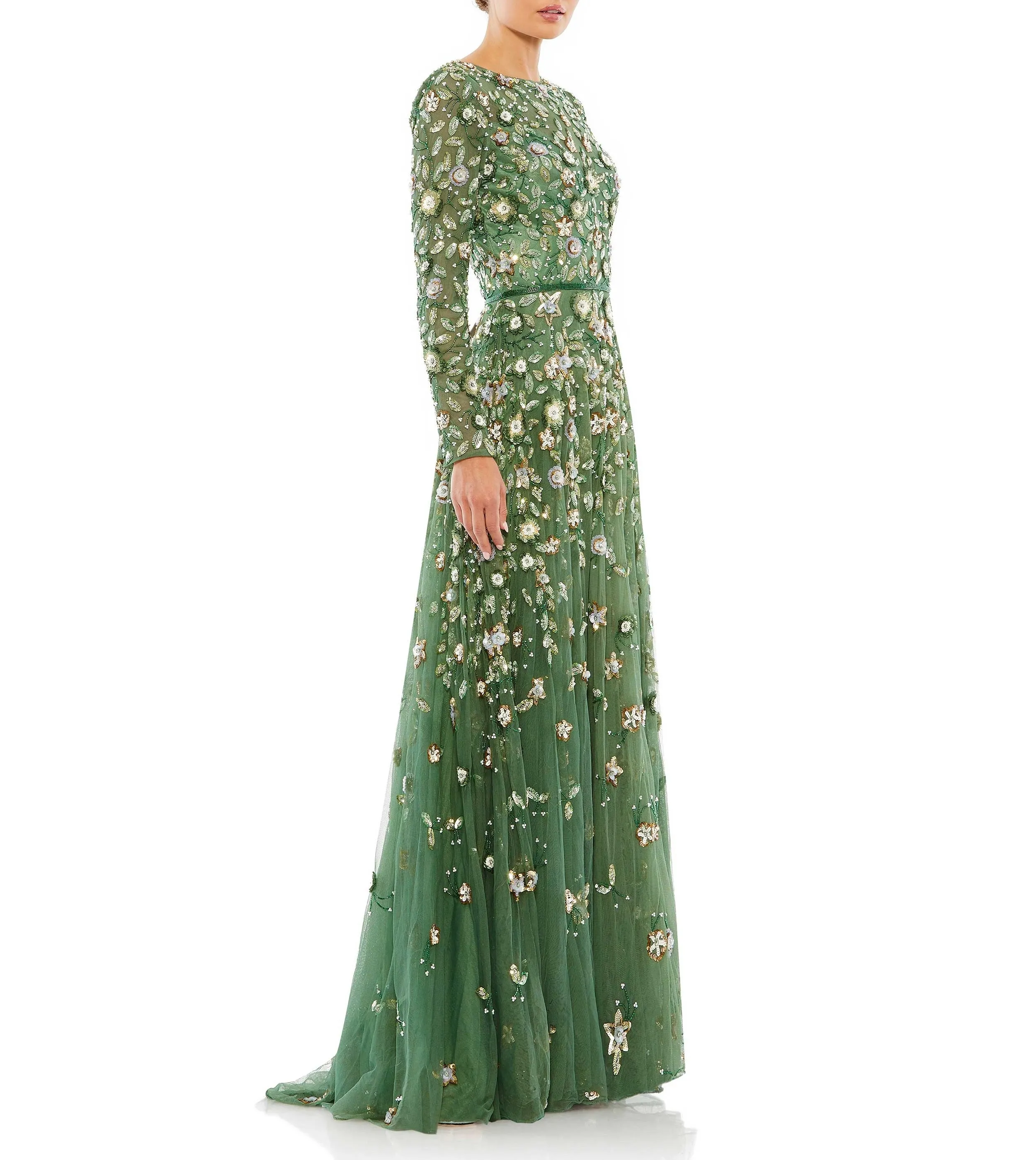 Floral Appliqué Long Sleeve Illusion Gown