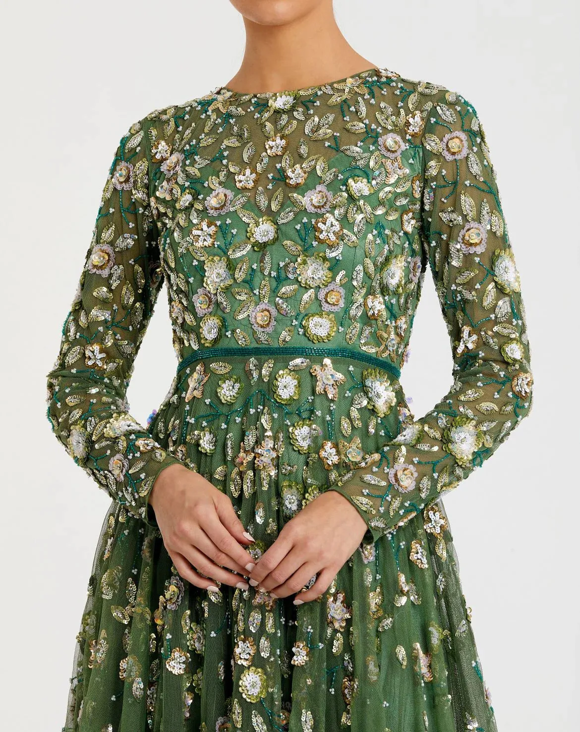 Floral Appliqué Long Sleeve Illusion Gown