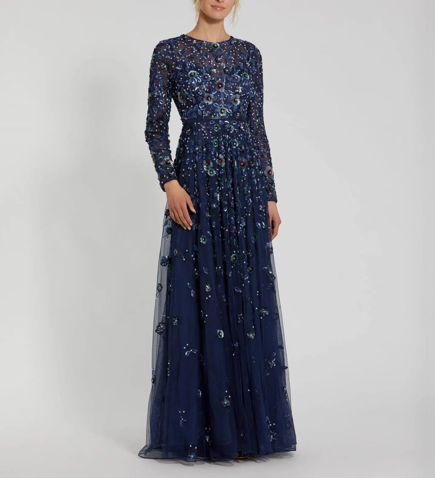 Floral Applique Long Sleeve Navy Illusion Gown