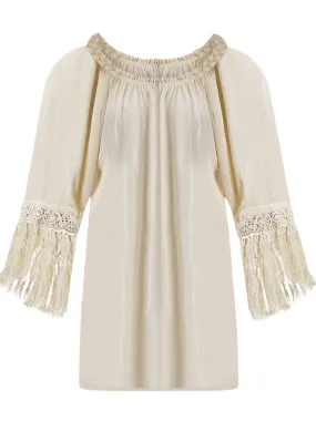 Light Beige Loose Fit Top With Long Fringe