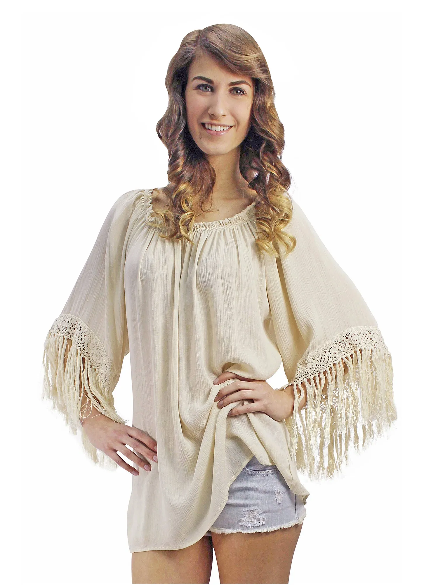 Light Beige Loose Fit Top With Long Fringe