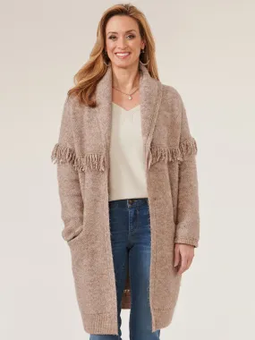 Long Sleeve Fringe Yoke Shawl Collar Drop Pocket Coatigan