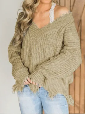 Off Shoulder Long Sleeve Fringe Distressed Sweater