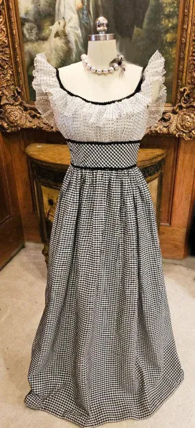 VINTAGE 1950s "GONE WITH THE WIND" BLACK & WHITE CHECK DOTTED SWISS RUFFLED LACE TAFFETA PROM DRESS FORMAL