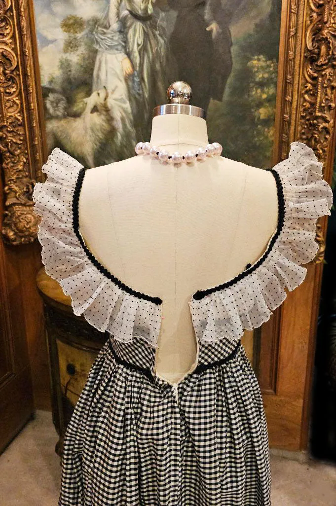 VINTAGE 1950s "GONE WITH THE WIND" BLACK & WHITE CHECK DOTTED SWISS RUFFLED LACE TAFFETA PROM DRESS FORMAL